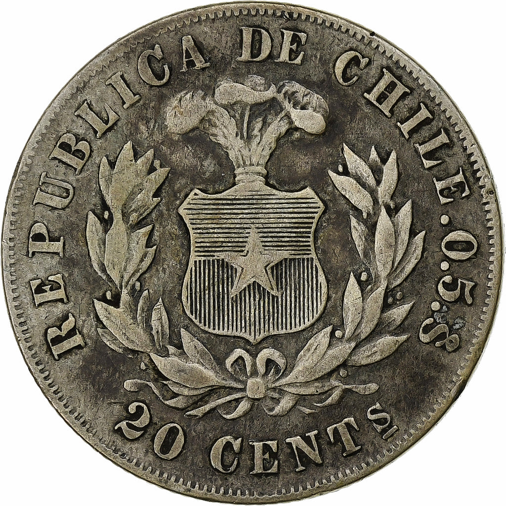 Chile, 20 Centavos, 1892, Santiago, Plata, BC+