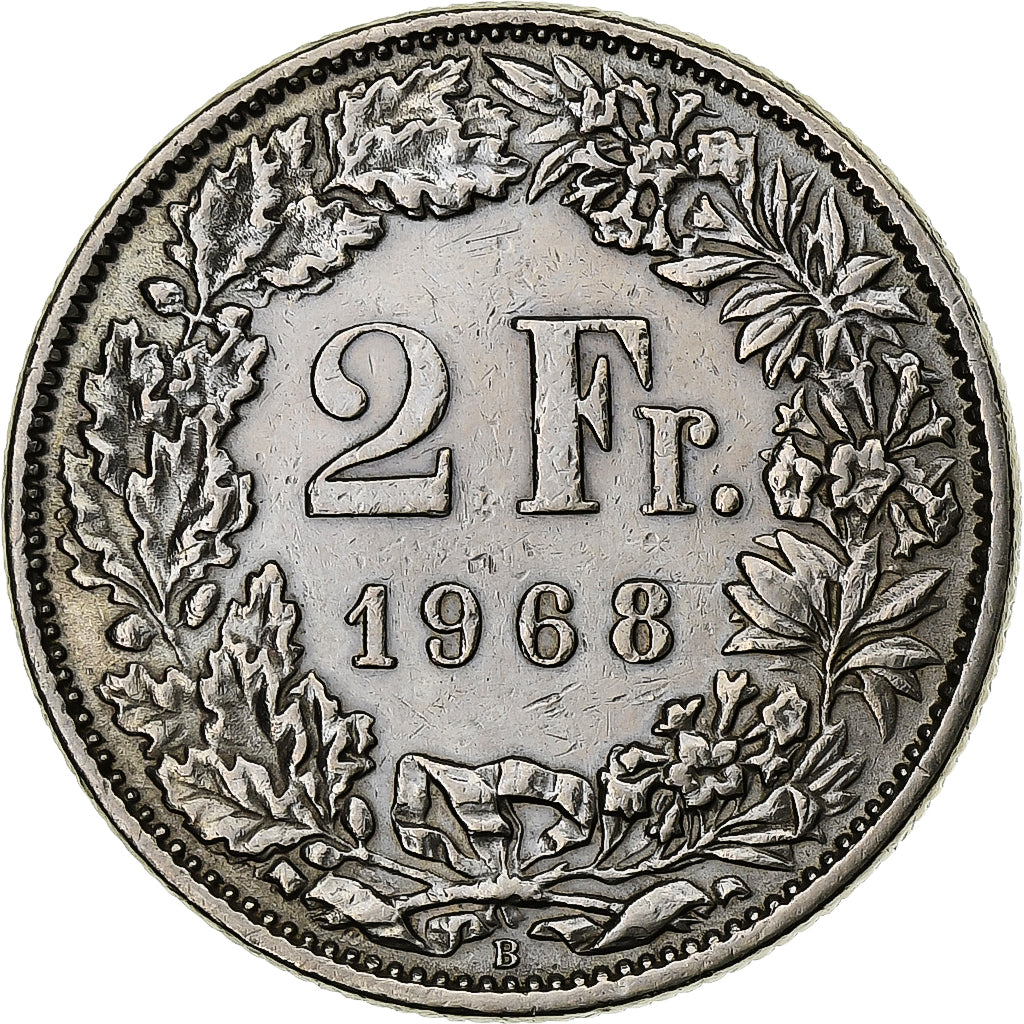 Suíça, 2 Francs, Helvetia, 1968, Bern, Cobre-níquel, AU(55-58)