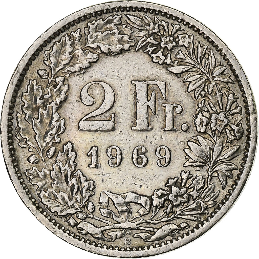 Suiza, 2 Francs, Helvetia, 1969, Bern, Cuproníquel, EBC