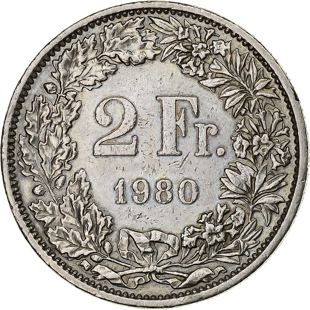 Suiza, 2 Francs, Helvetia, 1980, Bern, Cuproníquel, EBC