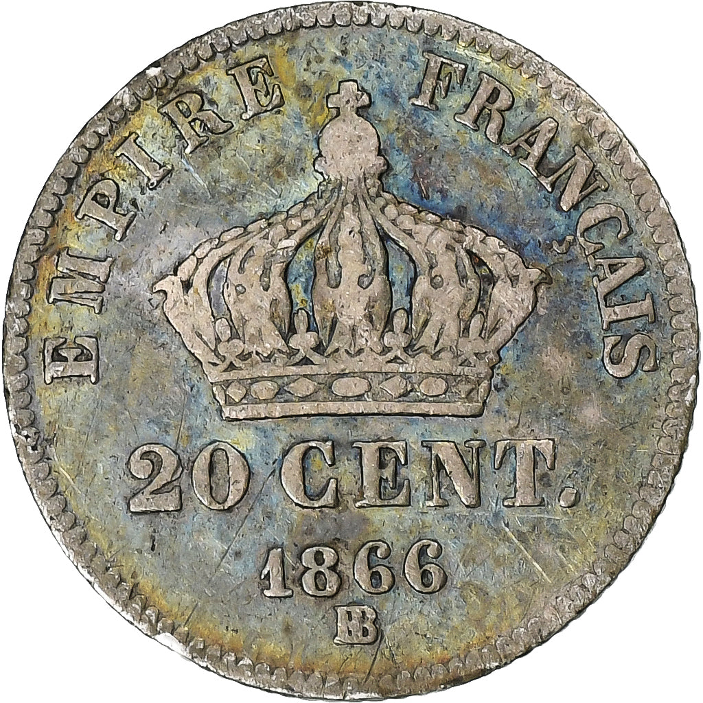 Frankrijk, Napoleon III, 20 Centimes, 1866, Strasbourg, Zilver, FR+