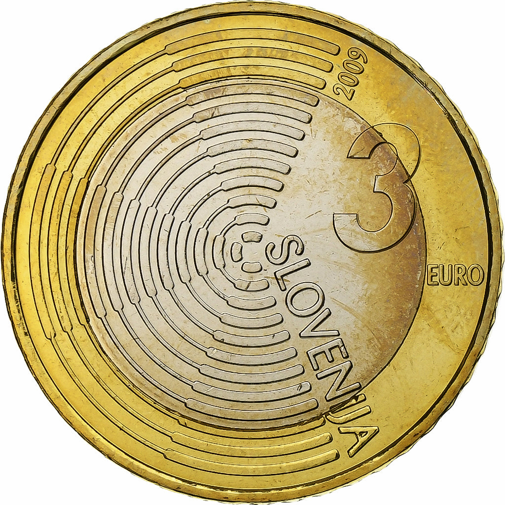 Eslovénia, 3 Euro, First powered aircraft, 2009, Vantaa, Bimetálico, MS(63)