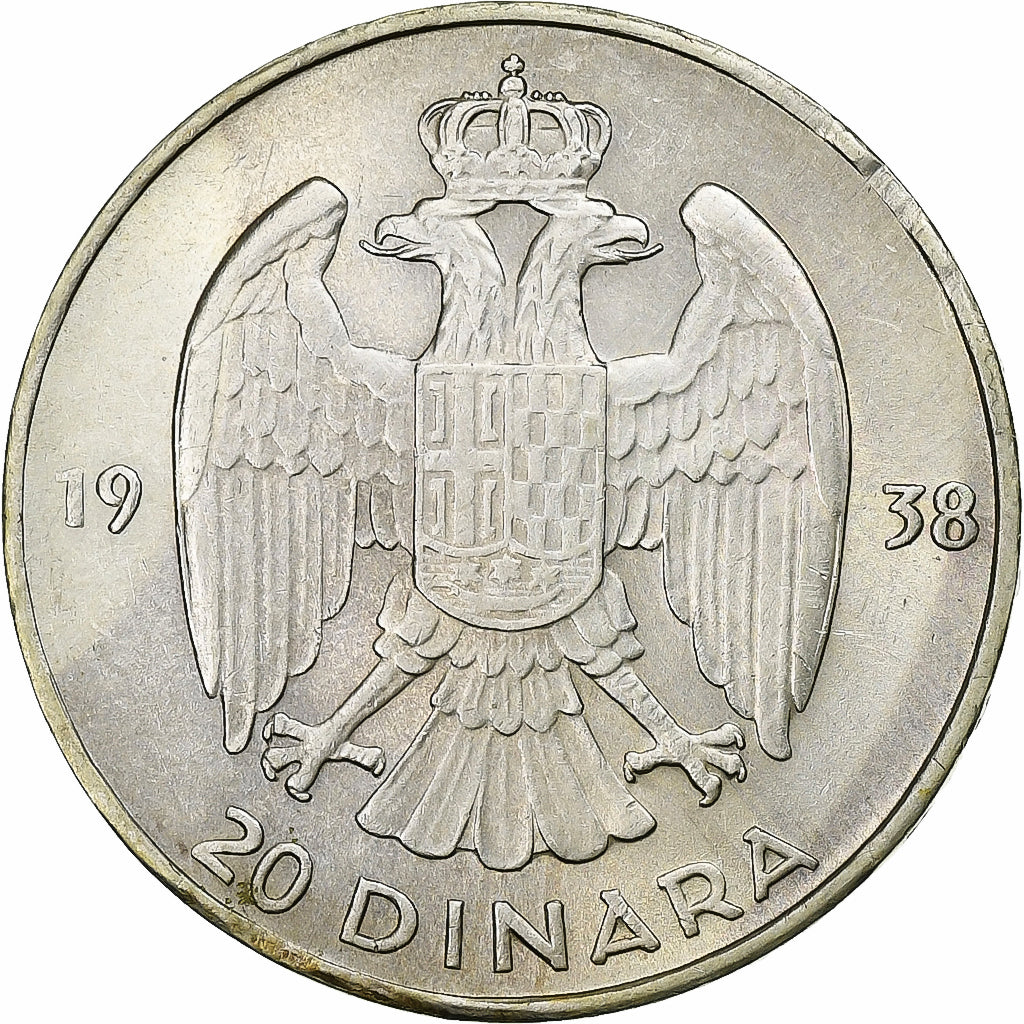 Yugoslavia, Petar II, 20 Dinara, 1938, Silver, AU(50-53)
