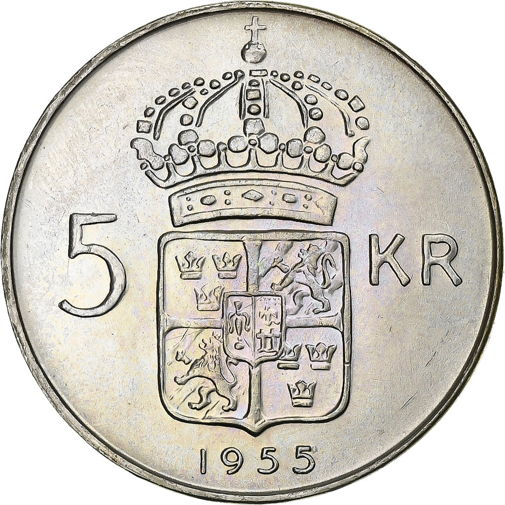 Suécia, Gustaf VI, 5 Kronor, 1955, Stockholm, Prata, AU(55-58)