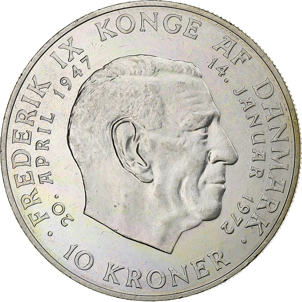 Denmark, Margrethe II, 10 Kroner, 1972, Copenhagen, Silver, MS(60-62)