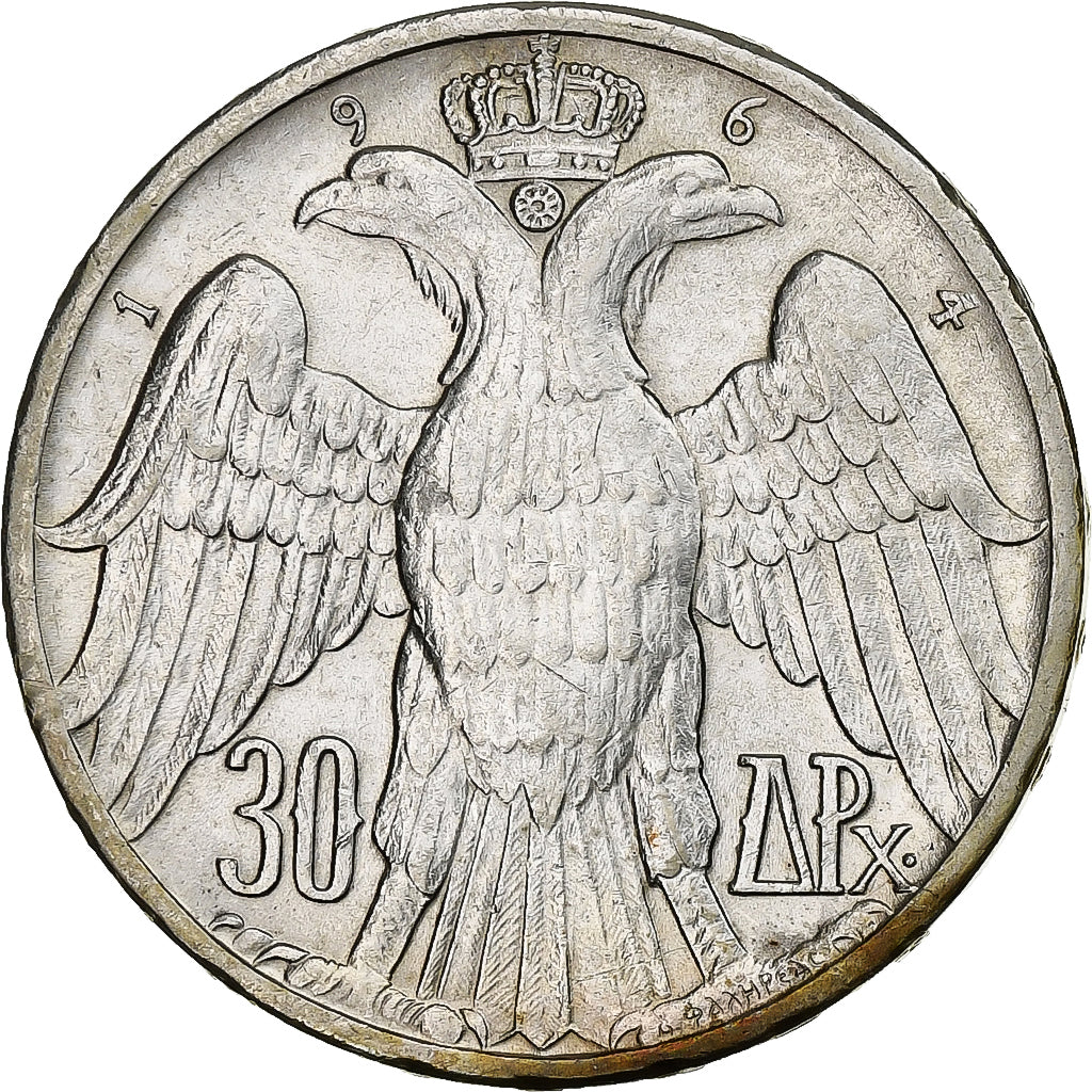 Grecia, Constantine II, 30 Drachmai, Royal Wedding, 1964, Berne, Plata, MBC+