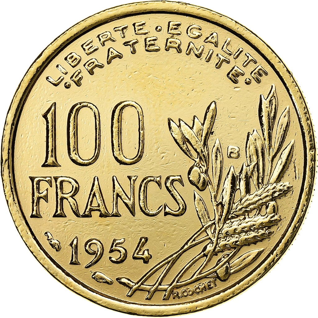 Francia, 100 Francs, Cochet, 1954, Paris, gold-plated coin, Rame-nichel, MB+