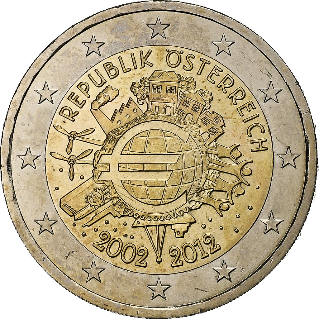 Áustria, 2 Euro, 10 Years of Euros Cash, 2012, Vienna, Bimetálico, MS(63)