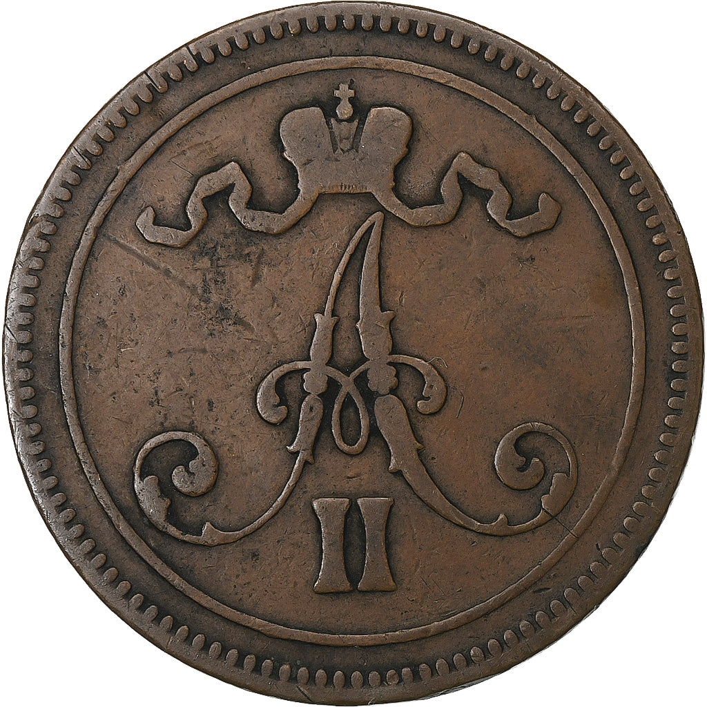 Finlândia, Alexander II, 10 Pennia, 1865, Helsinki, Cobre, VF(20-25)