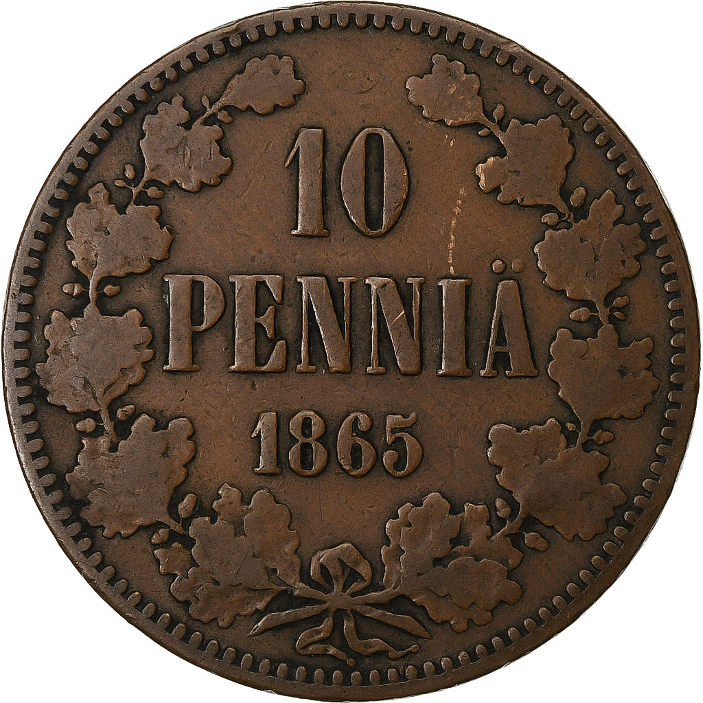 Finlândia, Alexander II, 10 Pennia, 1865, Helsinki, Cobre, VF(20-25)