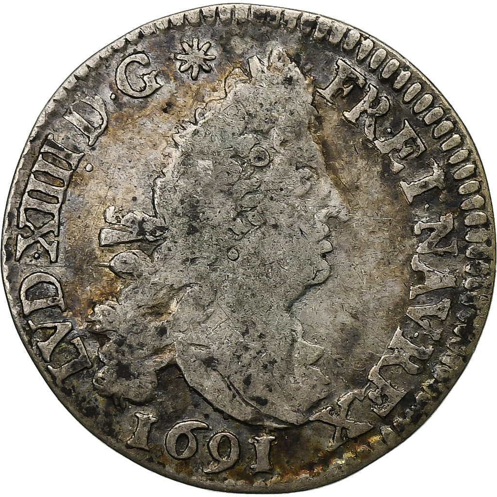Francia, Louis XIV, 4 Sols aux 2 L, 1691, Paris, Plata, BC+, Gadoury:106
