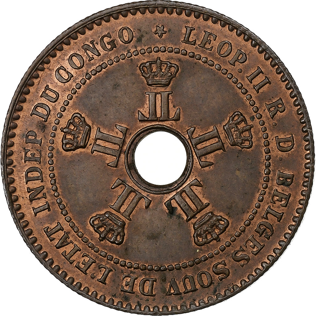 Congo belga, Leopold II, 2 Centimes, 1888, Cobre, MBC+