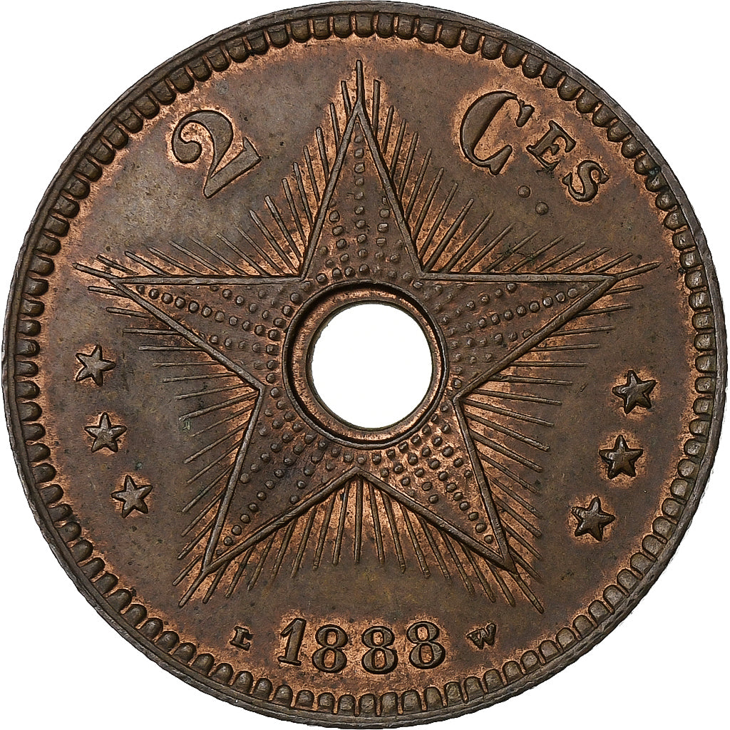 Congo belga, Leopold II, 2 Centimes, 1888, Cobre, MBC+