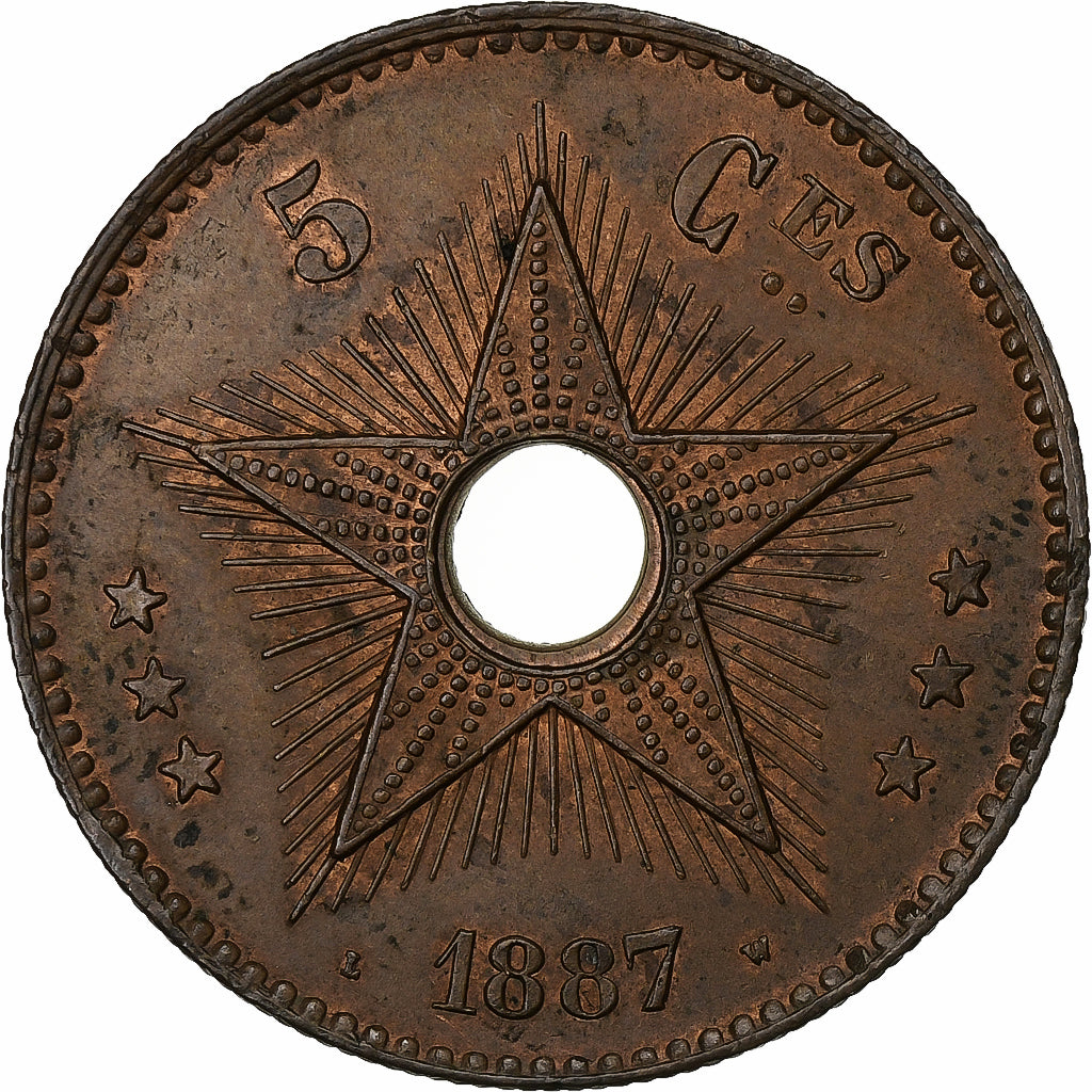 Congo belga, Leopold II, 5 Centimes, 1887, Cobre, MBC+