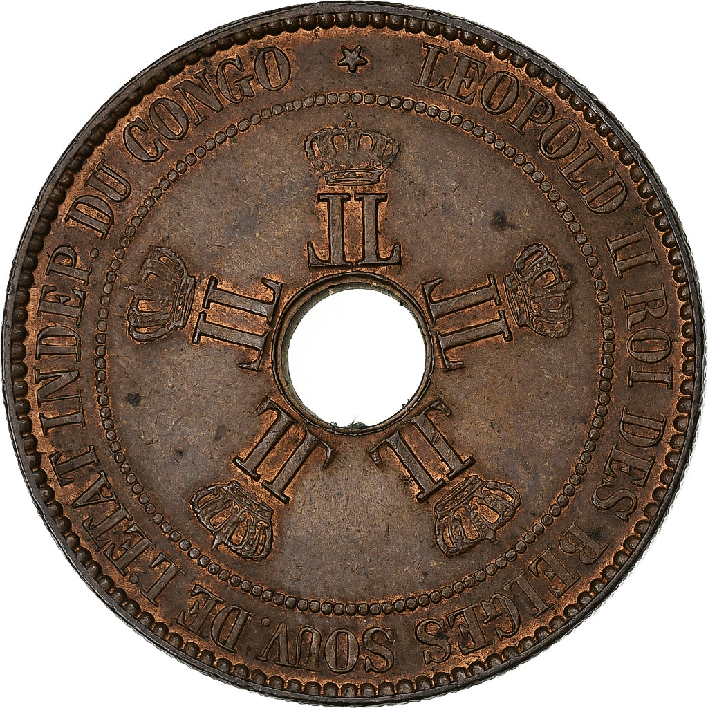 Kongo Belgijskie, Leopold II, 10 Centimes, 1889, Miedź, EF(40-45)