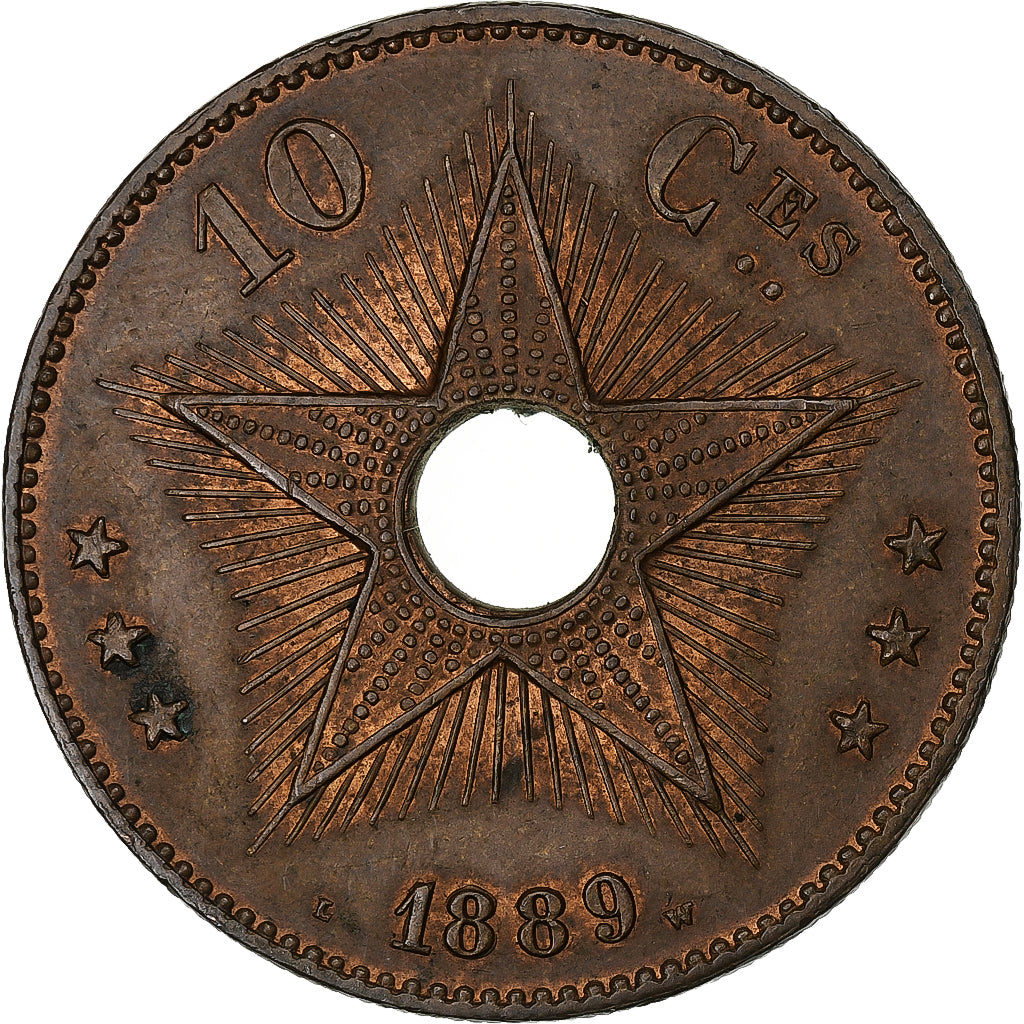 Kongo Belgijskie, Leopold II, 10 Centimes, 1889, Miedź, EF(40-45)