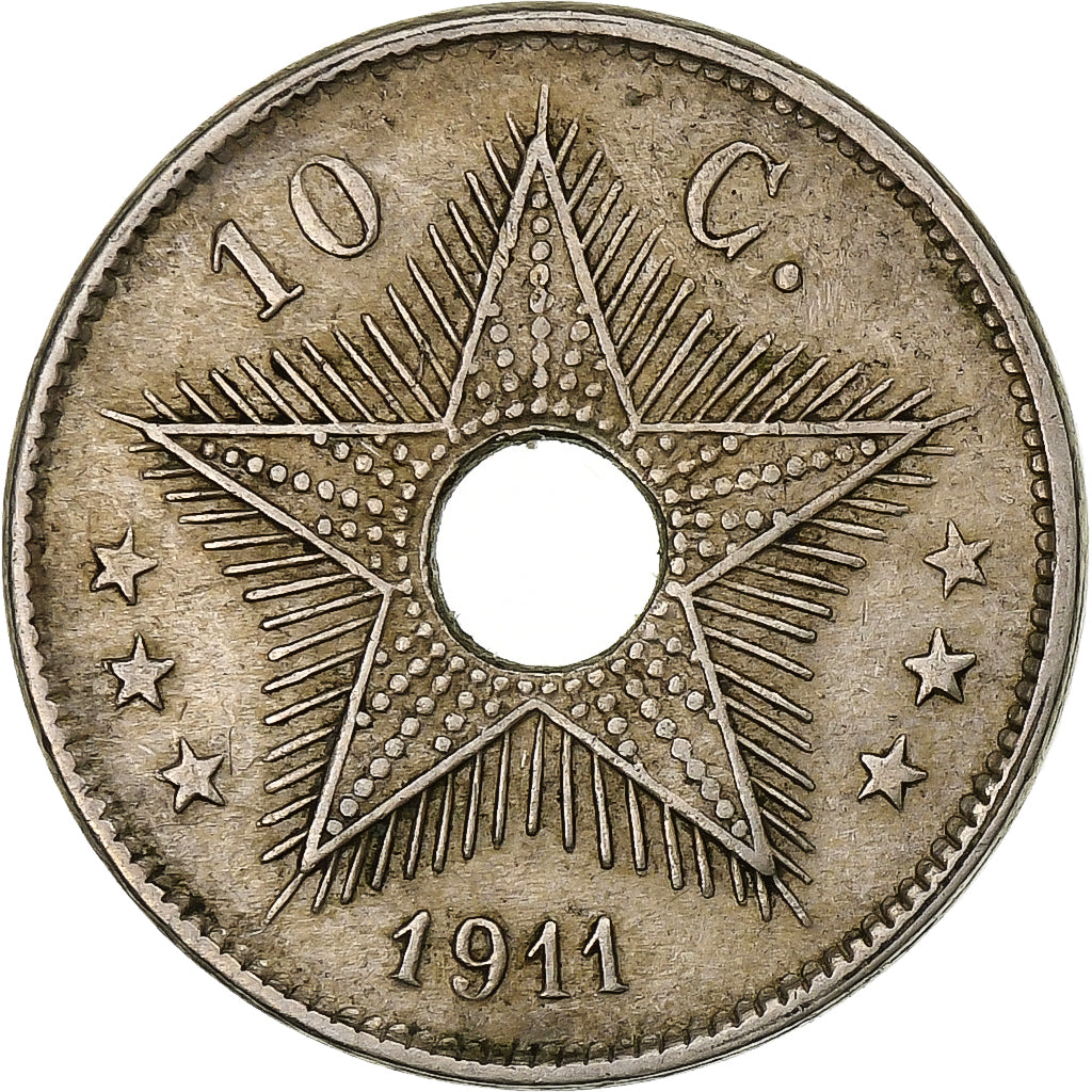 Congo belga, Albert I, 10 Centimes, 1911, Brussels, Plata, BC+