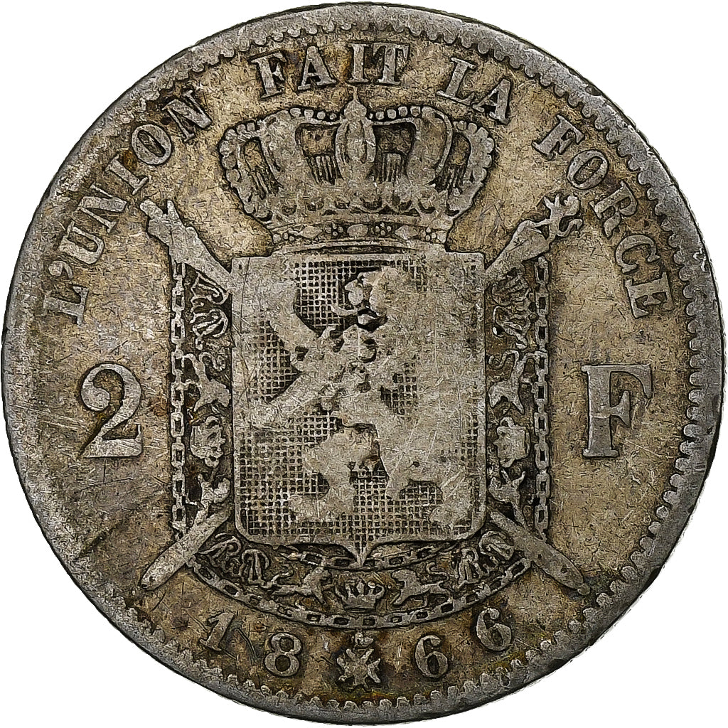 Belgio, Leopold II, 2 Francs, 1866, Brussels, Argento, B+