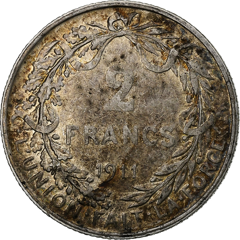 Bélgica, Albert I, 2 Francs, 1911, Brussels, Plata, BC+