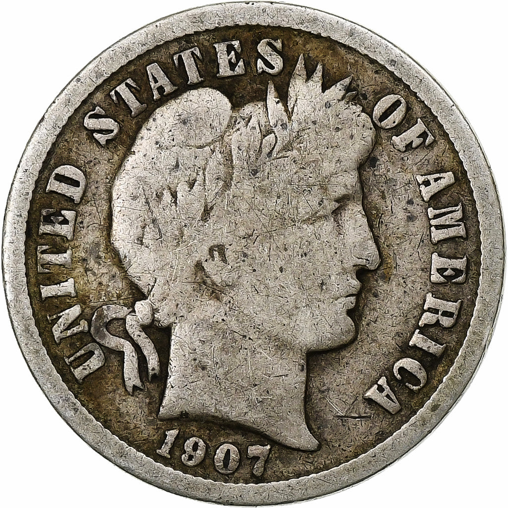 Stati Uniti, Dime, Barber, 1907, New Orleans, Argento, MB