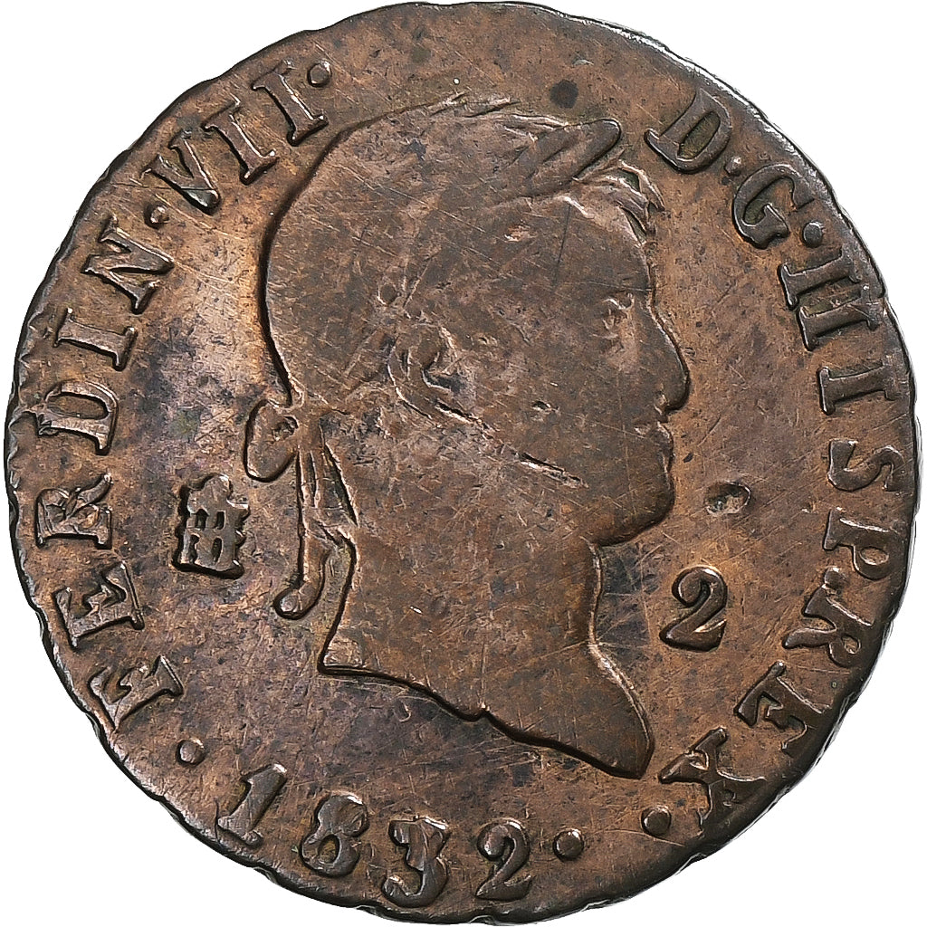 Spain, Ferdinand VII, 2 Maravedis, 1832, Segovia, Copper, VF(20-25)