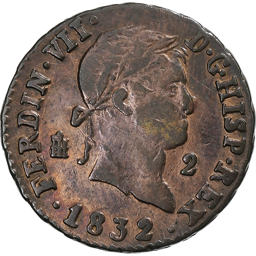 España, Ferdinand VII, 2 Maravedis, 1832, Segovia, Cobre, BC+