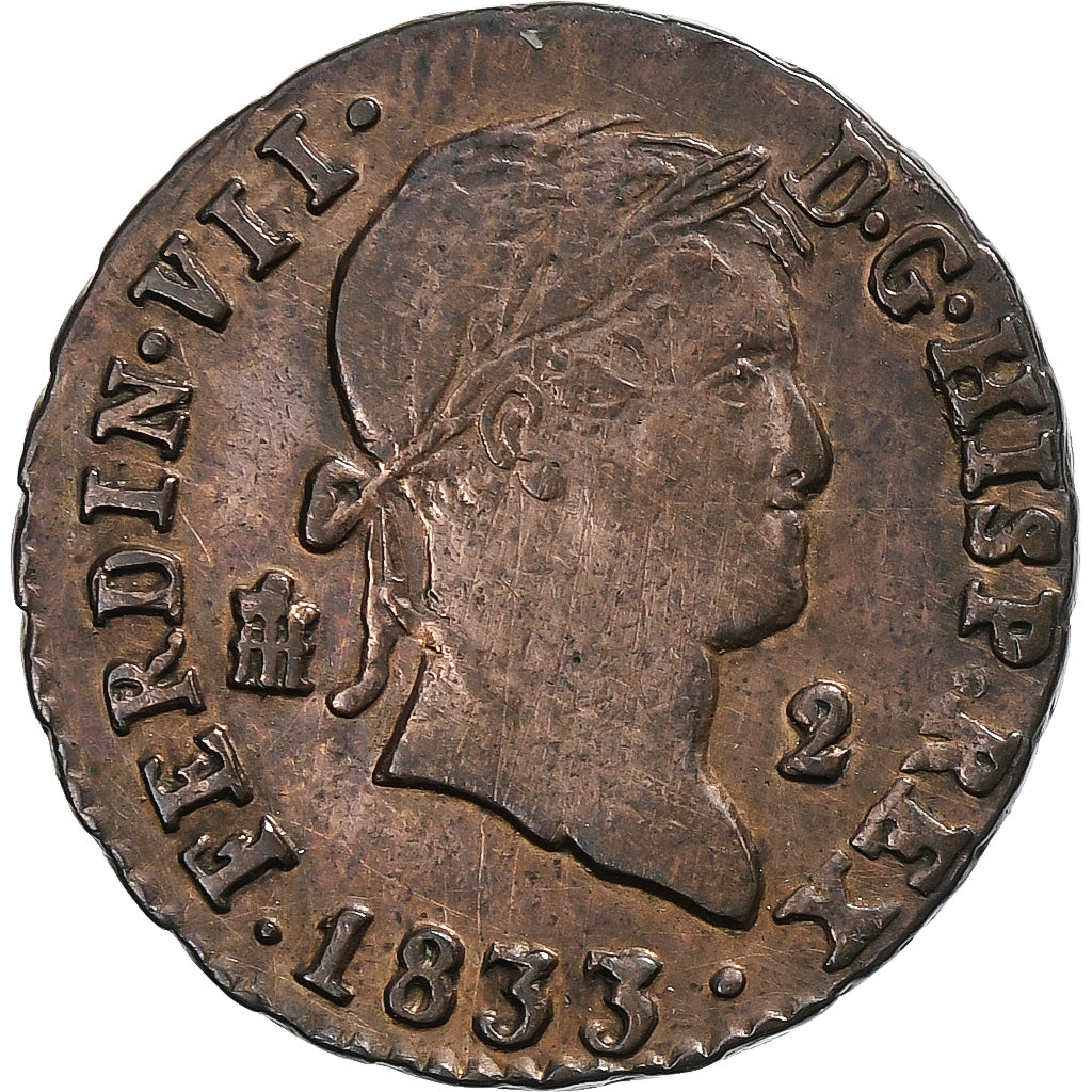 España, Ferdinand VII, 2 Maravedis, 1833, Segovia, Cobre, BC+