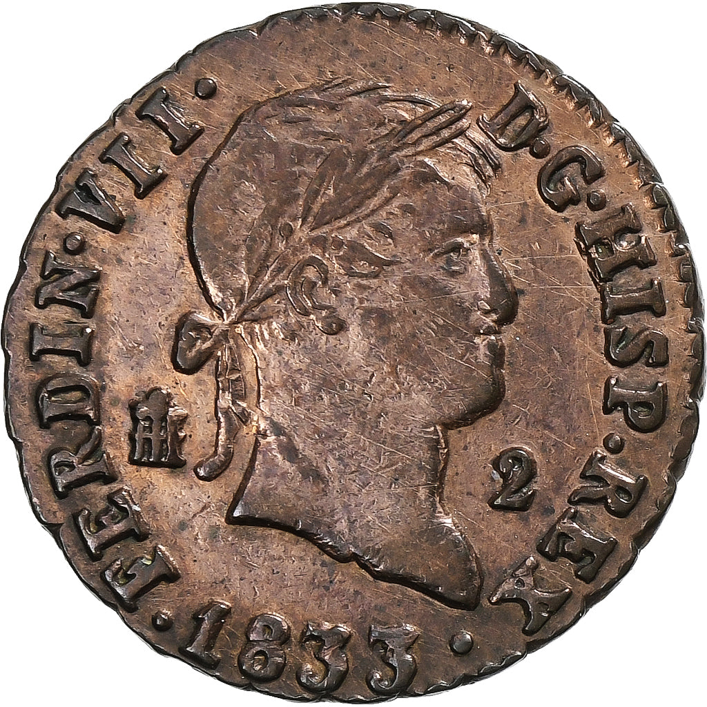 España, Ferdinand VII, 2 Maravedis, 1833, Segovia, Cobre, MBC