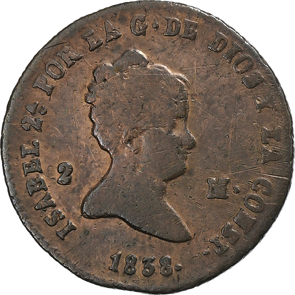 Spain, Isabel II, 2 Maravedis, 1838, Segovia, Copper, VF(20-25)