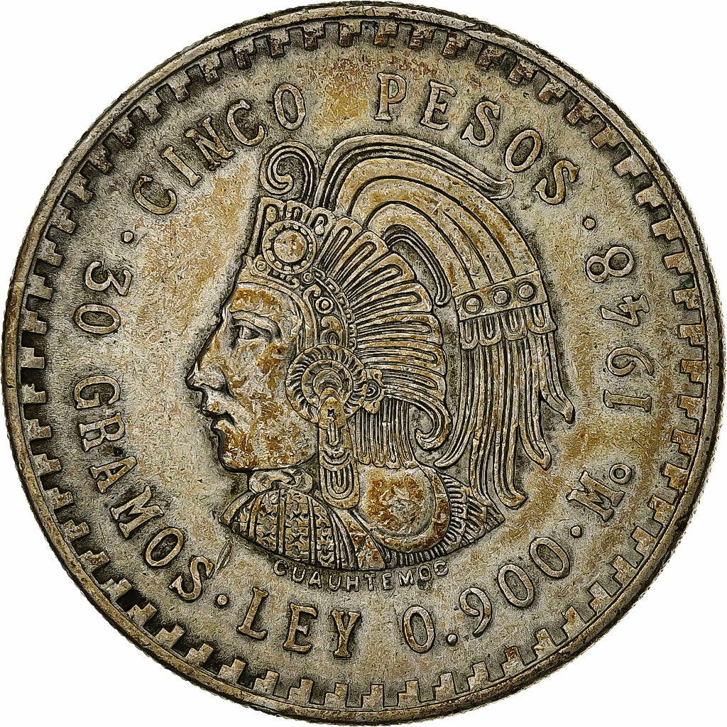 México, 5 Pesos, Cuauhtemoc, 1948, Mexico City, Plata, EBC