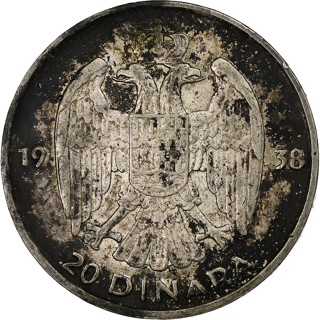 Yugoslavia, Petar II, 20 Dinara, 1938, Plata, BC+