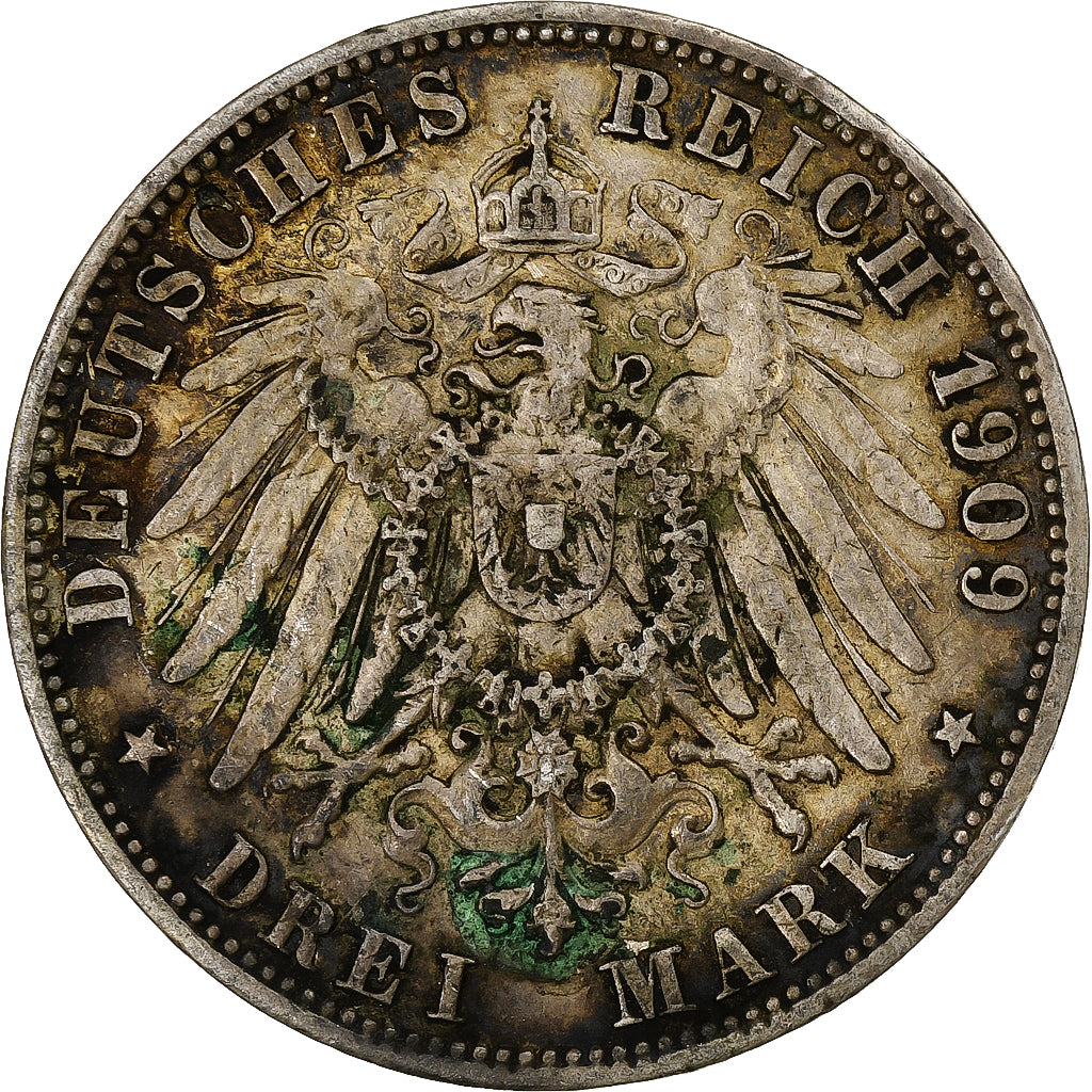 Kingdom of Württemberg, William II, 3 Mark, 1909, Stuttgart, Silber, SS