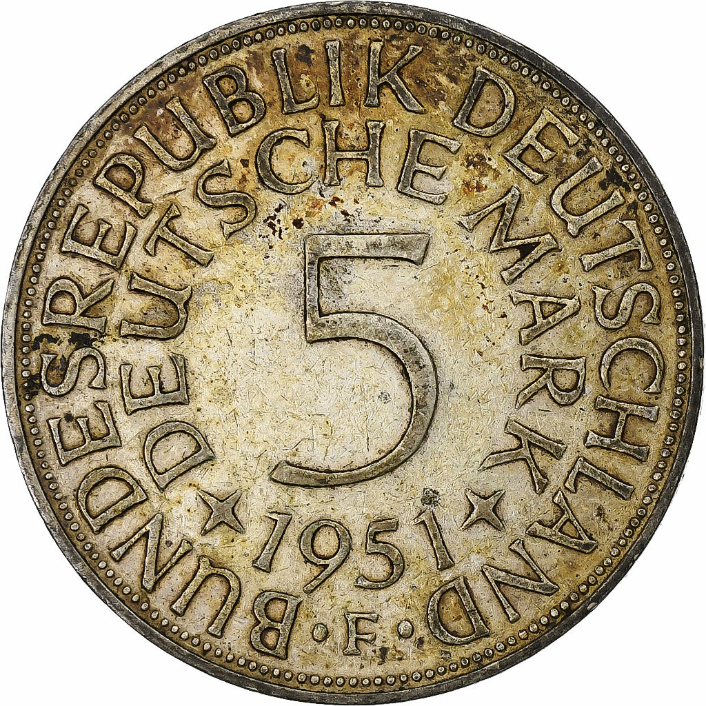 Federal Republic of Germany, 5 Mark, 1951, Stuttgart, Silver, EF(40-45)