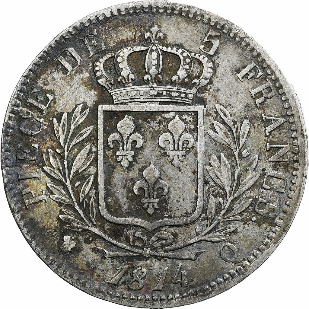 France, Louis XVIII, 5 Francs, 1814, Perpignan, Silver, VF(30-35)