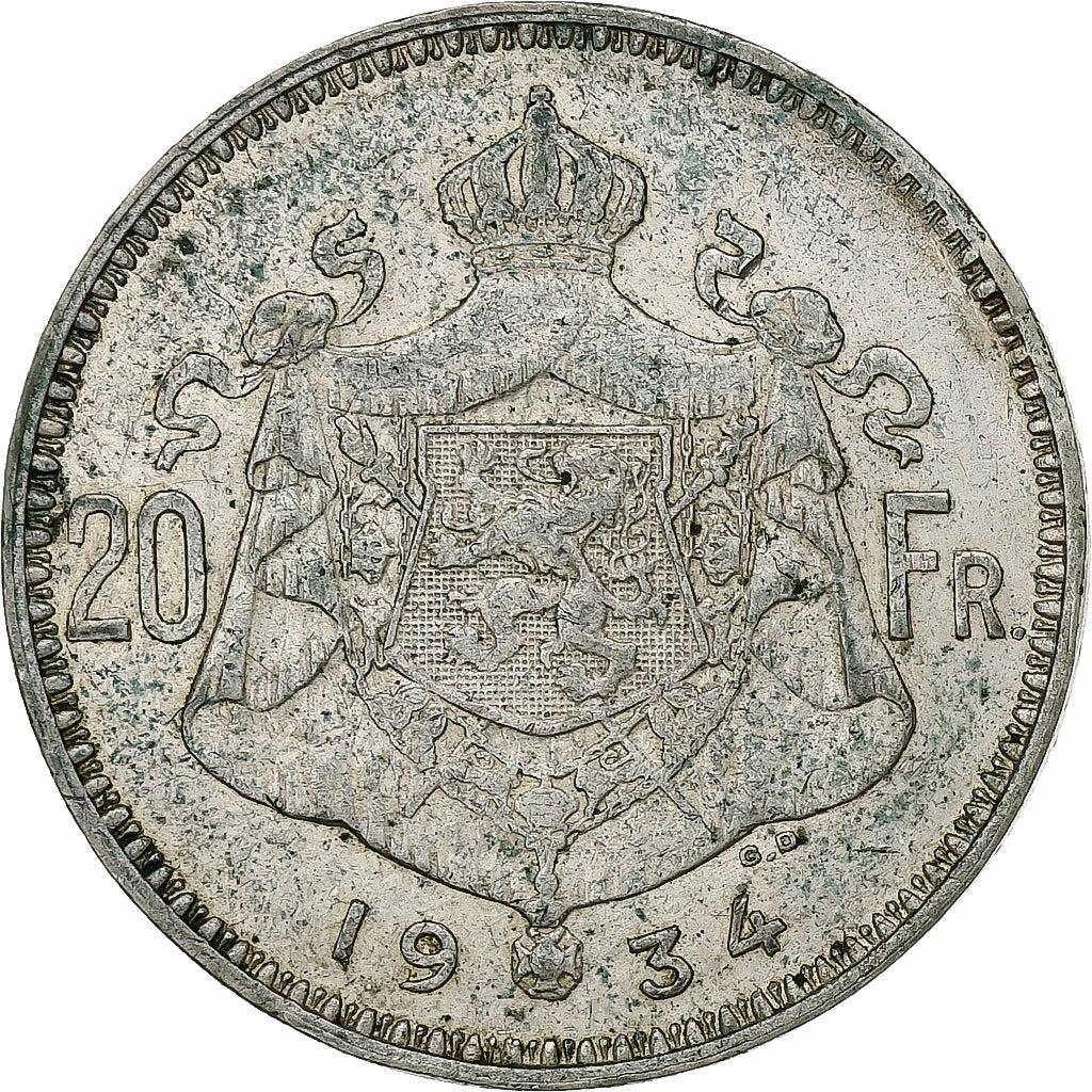 België, Albert I, 20 Francs, 1934, Brussels, Zilver, FR+