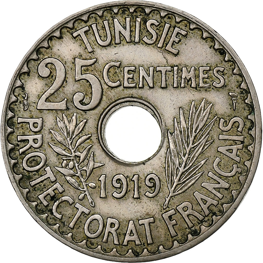 Tunisia, Muhammad al-Nasir Bey, 25 Centimes, 1919, Paris, Argento, SPL-