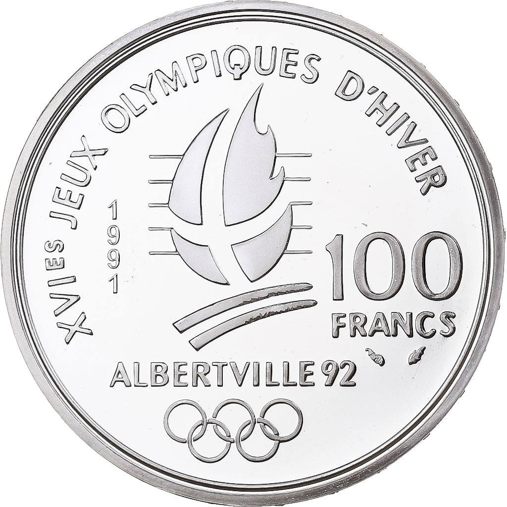 France, 100 Francs, 1992 Olympics, Albertville, Hockey, 1991, MDP, Proof