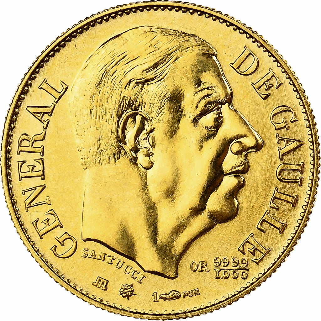 France, Medal, Charles de Gaulle, 1980, MDP, Gold, Santucci, MS(65-70)