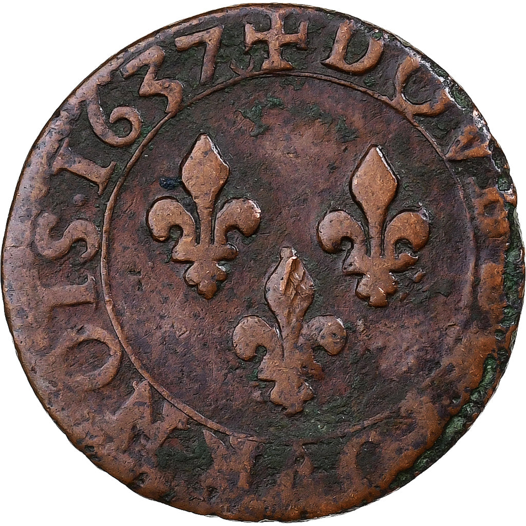 Francia, Louis XIII, Double Tournois, 1637, Tours, 8th type, Cobre, BC+