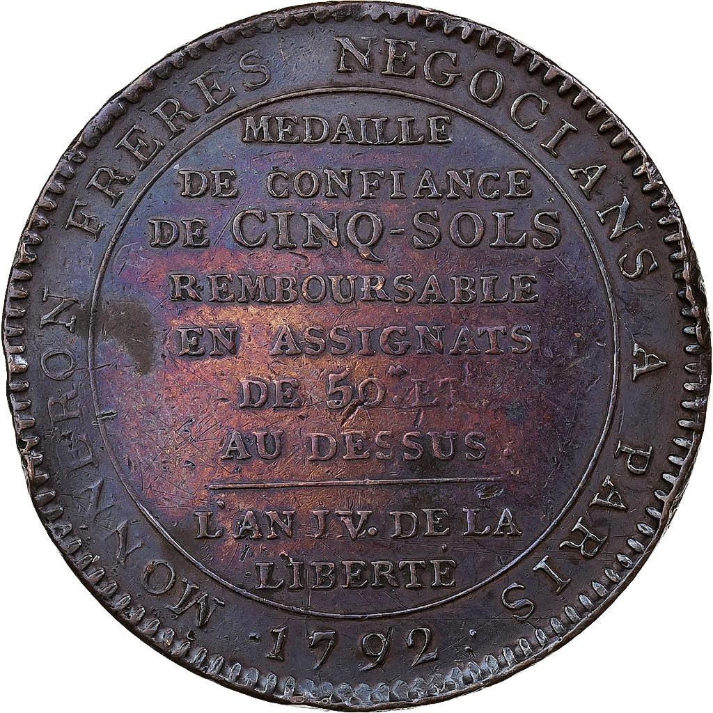 Frankreich, Monneron de 5 Sols, 1792, Birmingham, Bronze, SS