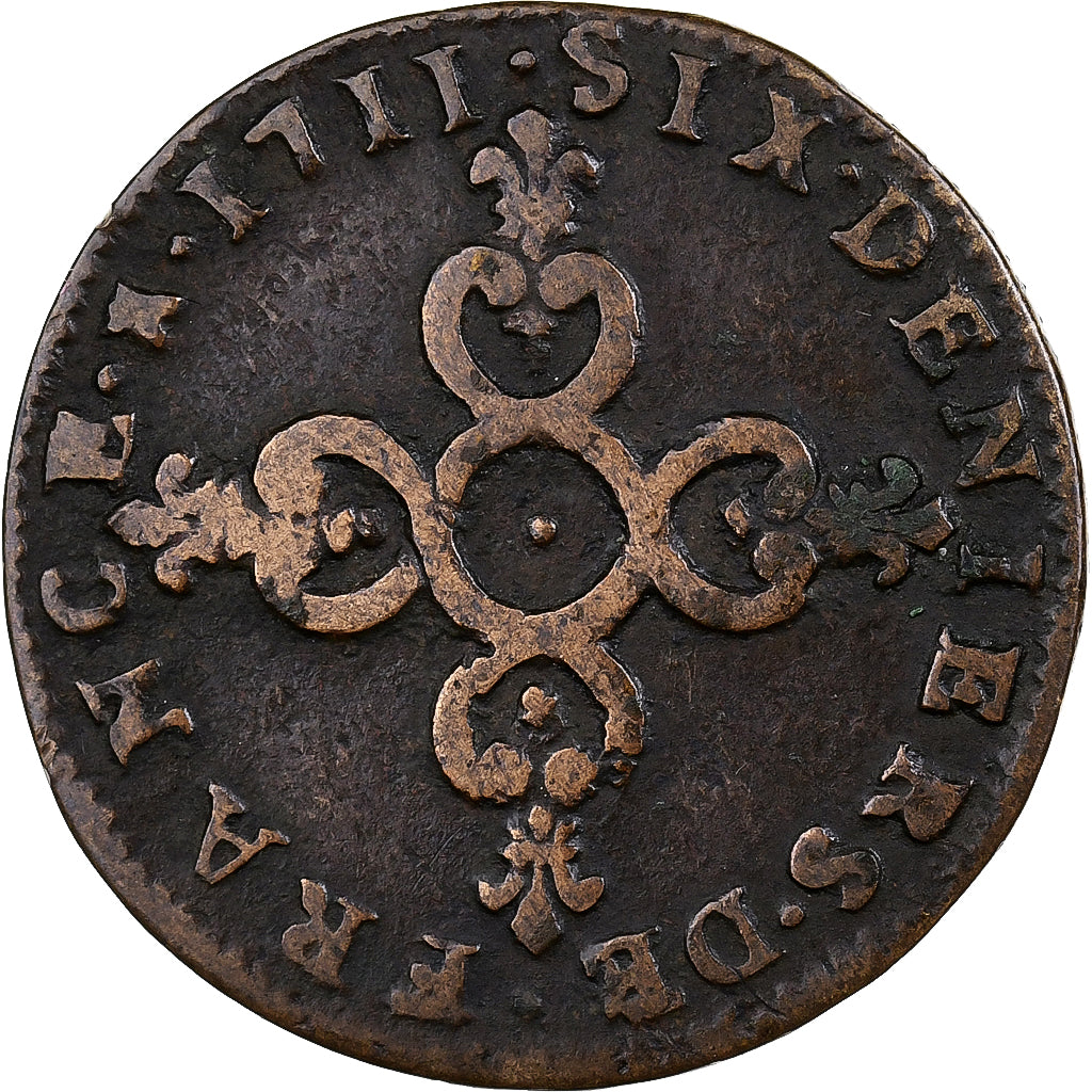 França, Louis XIV, 6 Deniers, 1711, La Rochelle, Cobre, VF(20-25)