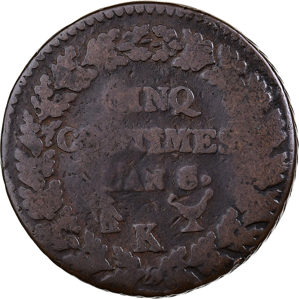 Francia, 5 Centimes, Dupré, AN 8, Bordeaux, Cobre, BC+