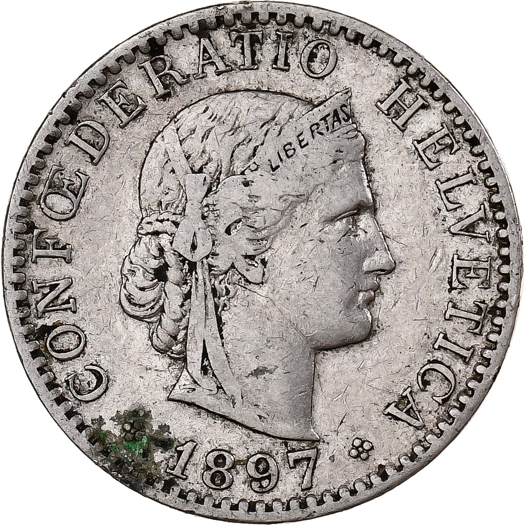 Suiza, 20 Rappen, Libertas, 1897, Bern, Magnetic, Níquel, BC+