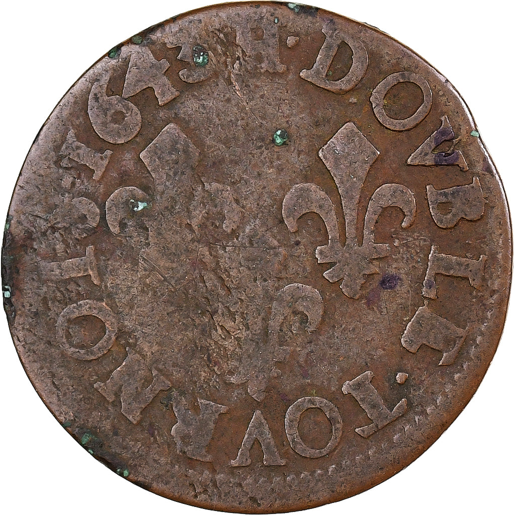 France, Louis XIII, Double Tournois, 1643, La Rochelle, Copper, VF(20-25)