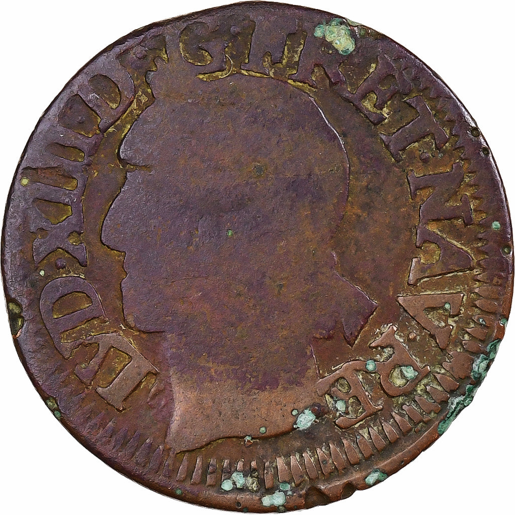 Francia, Louis XIII, Double Tournois, 1642, La Rochelle, Cobre, BC+