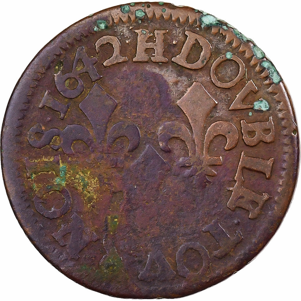 Francia, Louis XIII, Double Tournois, 1642, La Rochelle, Cobre, BC+