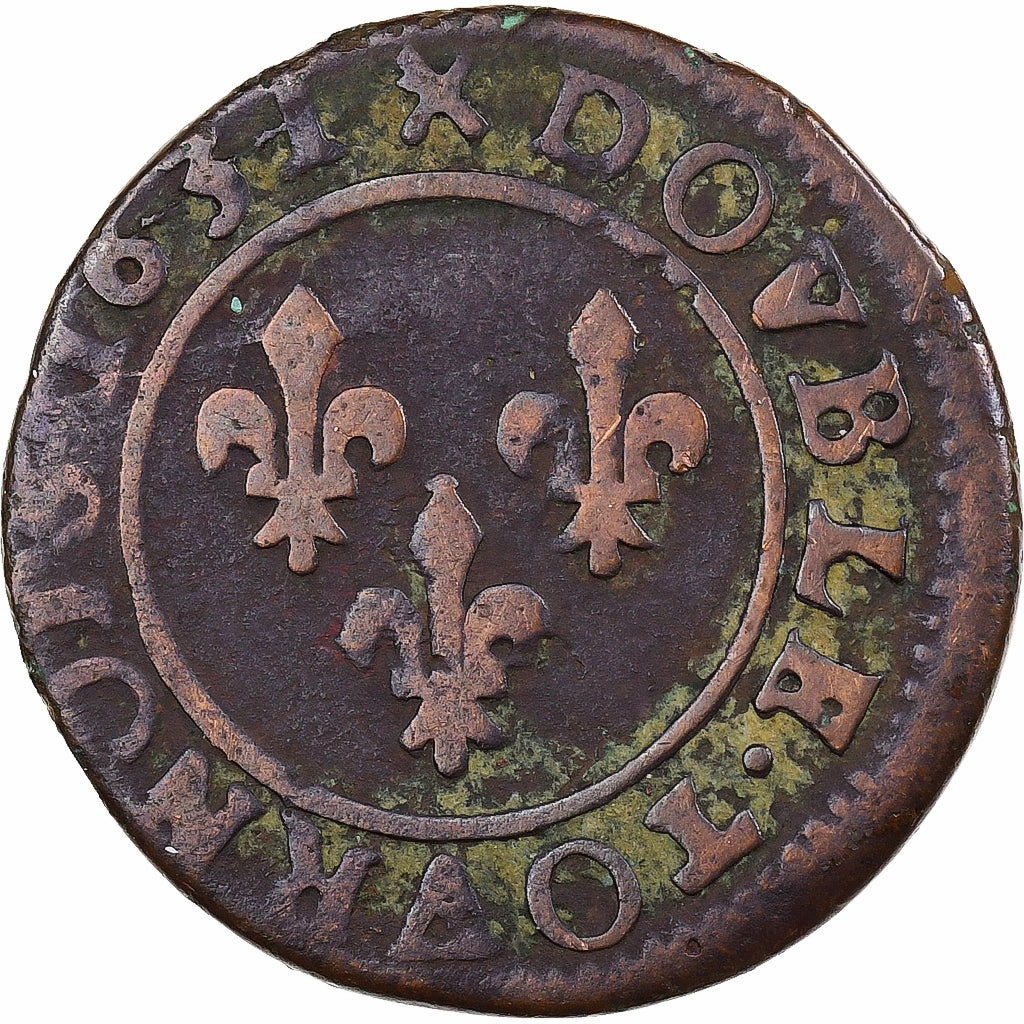 Francia, Louis XIII, Double Tournois, 1631, Lyon, Cobre, BC+