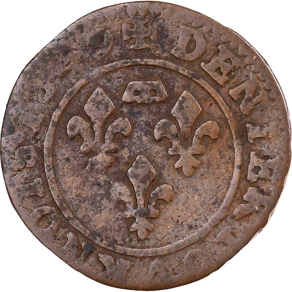 França, Gaston d'Orléans, Denier Tournois, 1649, Trévoux, Cobre, F(12-15)