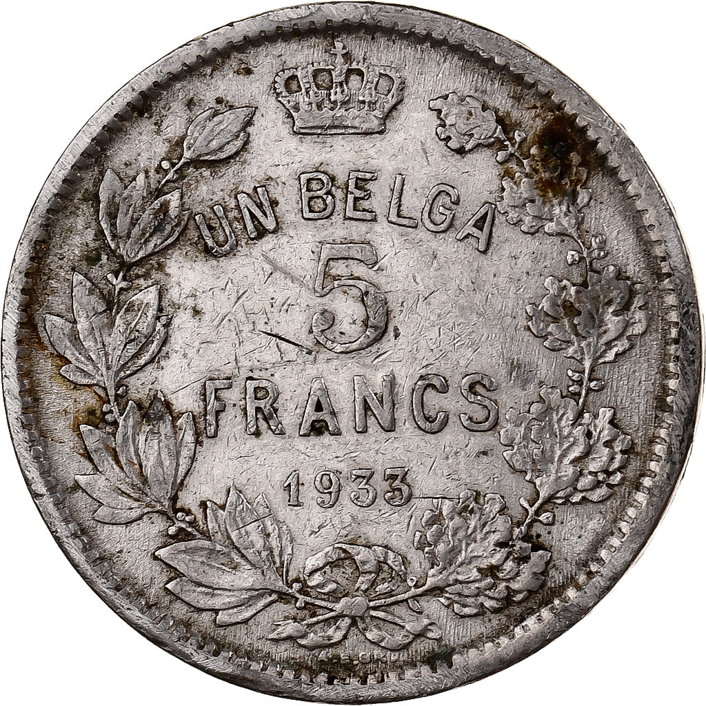 Belgia, Albert I, 5 Francs, 1933, Brussels, Srebro, EF(40-45)