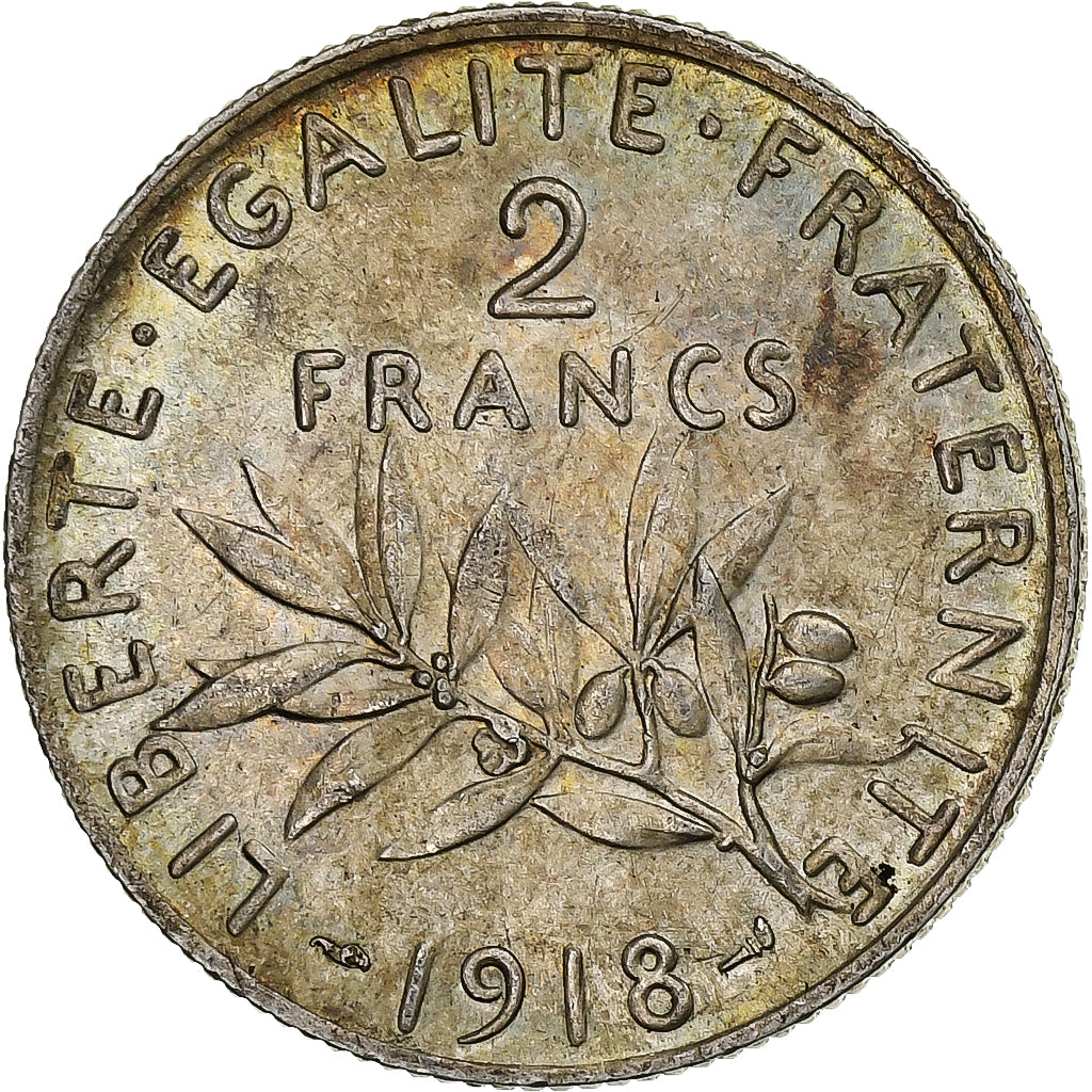 France, 2 Francs, Semeuse, 1918, Paris, Silver, EF(40-45)